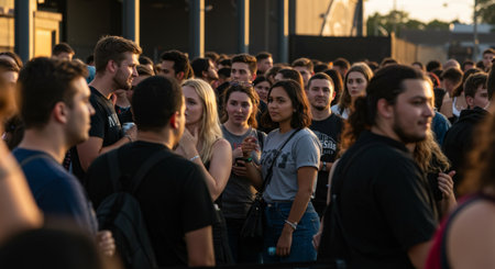 A vibrant outdoor concert scene with a large crowd. People are gathered for a festival event, enjoying the music and the community atmosphere together.の素材