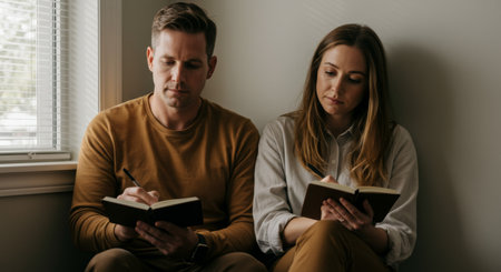 a man and woman sit side by side, writing in journals, bathed in soft window light, capturing thoughts and fostering mindfulness together indoorsの素材