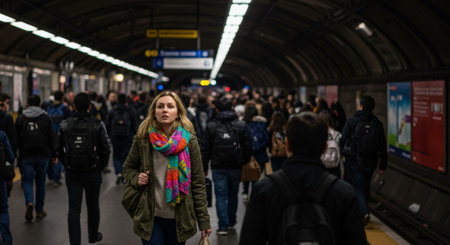 a busy subway platform filled with commuters. a woman with a colorful scarf stands out in the crowd, waiting for her train in the underground station.の素材