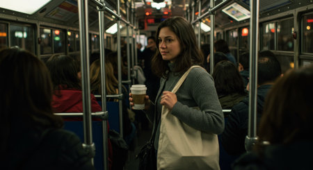 a woman stands on a bus holding a coffee cup and a tote bag, surrounded by other passengers, in an urban environment during her daily commute.の素材