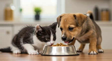Puppy and kitten sharing food from a bowl, highlighting their companionship and mealtime together.の素材