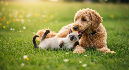 A playful kitten playfully interacts with a golden doodle on a sunny meadow, creating a charming scene.の素材