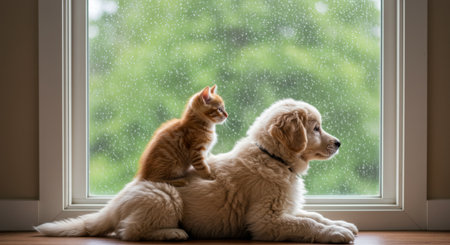 Unlikely friends: A golden retriever dog rests patiently with an orange tabby kitten on its back.の素材