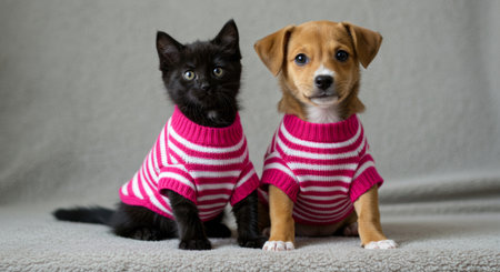 Adorable kitten and puppy wearing matching pink and white striped sweaters on a gray background.の素材