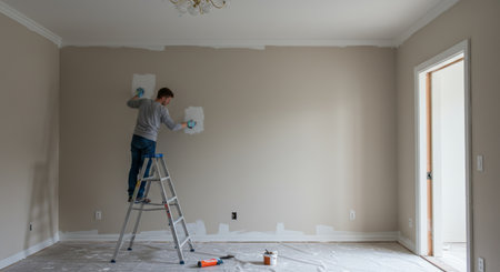 A painter stands on a ladder painting a wall of a room in a home with a paint roller.の素材