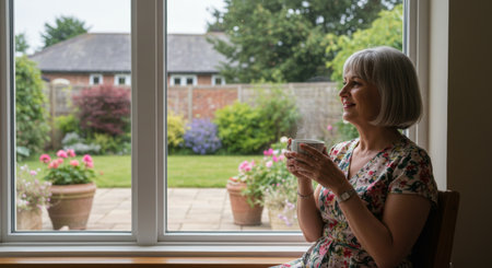 Woman enjoying a hot beverage while gazing out the window at her colorful garden in the sunlightの素材
