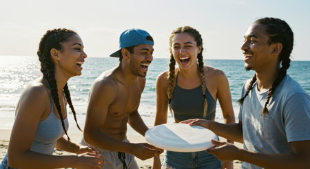 Four friends share a joyful moment on the beach, ready for a game with a frisbee on a sunny day.の素材
