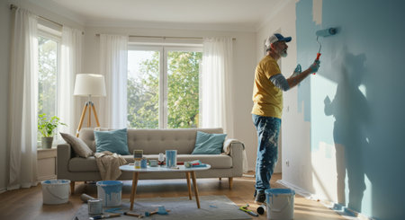 A person painting a wall in a home living room with roller, buckets and other painting supplies.の素材