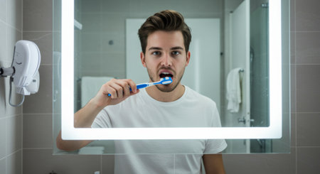 A person is standing in front of a mirror brushing their teeth with toothpaste in the bathroom.の素材