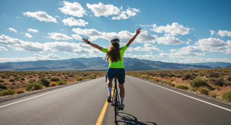 Cyclist celebrating success on open road, arms raised in triumph under expansive blue sky.の素材