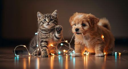 Playful Pets: A kitten batting at lights and a puppy chewing on them on a wooden floor.の素材