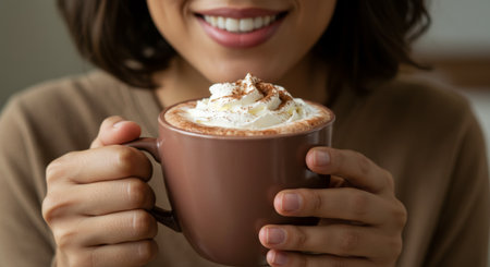 Woman smiling with a large mug of hot chocolate topped with whipped cream and coconut powder.の素材