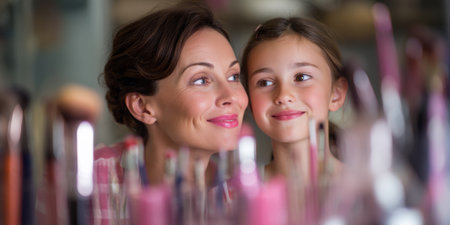 Mother and daughter smiling, surrounded by makeup brushes, sharing a special moment together.の素材
