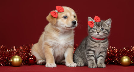 Festive furry friends: a tan puppy and gray tabby kitten in holiday attire. Christmas cheer!の素材