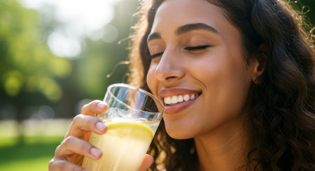 Woman enjoying a refreshing cool beverage with citrus, basking in sunshine in a green outdoor setting.の素材