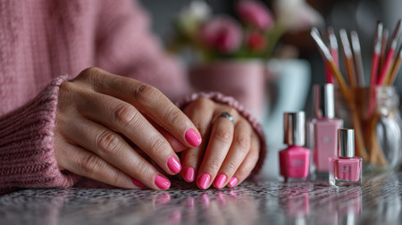 Hands with freshly painted bright pink nails resting near bottles of nail polish and makeup brushes.の素材