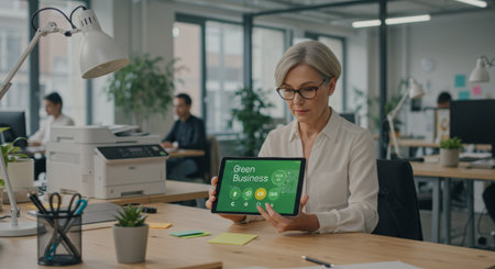 Businesswoman promoting eco-friendly practices with a tablet showcasing 'Green Business' initiatives.の素材