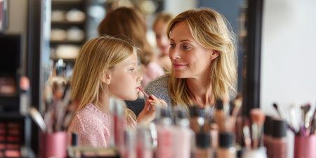 Mother watches daughter apply lipstick at vanity, bonding over beauty routines and makeup.の素材