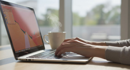 Typing on a Laptop with Coffee: Close-up of hands on keyboard with a steaming mug nearby.の素材