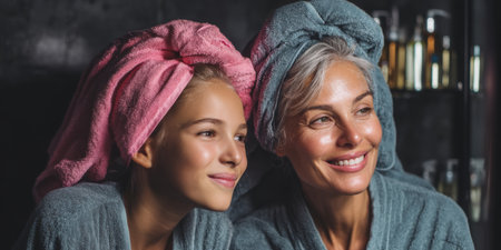 Mother and daughter enjoying a spa day, wrapped in towels and bathrobes, smiling contentedly.の素材