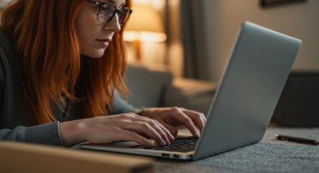 Focused red-haired woman working on a laptop, illuminated by a nearby lamp in a cozy atmosphere.の素材
