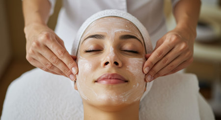 Woman receiving facial massage with a creamy face mask for relaxation and skincare treatmentの素材