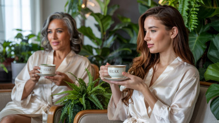 Two women enjoying tea in robes in a lush, green setting. Relaxed and rejuvenating atmosphere.の素材