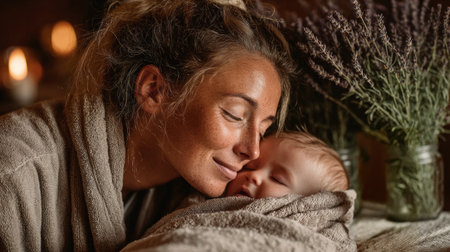 Mother-child bonding: A gentle embrace of love, comfort, and warmth in a serene and peaceful setting.の素材