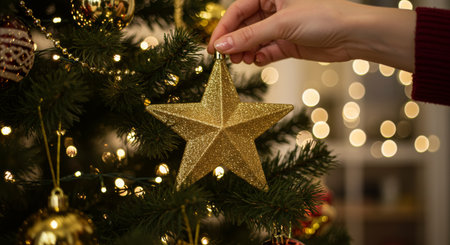 Golden star ornament hanging on a Christmas tree decorated with lights and festive decorations.の素材