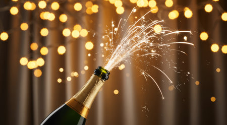 Celebratory moment: Champagne bottle exploding with sparkling sprays against a bokeh lights background.の素材