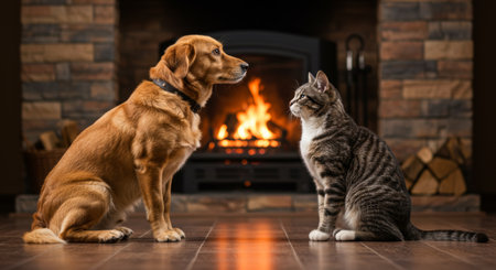 Dog and cat sit in front of a fireplace; the golden dog looks at the tabby cat. Warm lightの素材