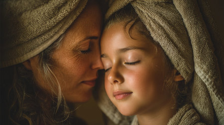 A mother and daughter share a tender moment with closed eyes and towels wrapped around their heads.の素材