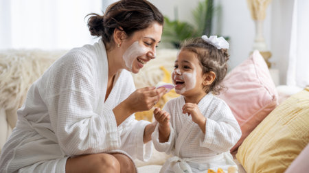 Mother and daughter enjoying a spa day, applying facial masks and laughing together at home.の素材