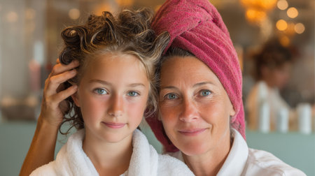 Mother and daughter bonding over hair care, creating a heartwarming memory with simple beauty routines.の素材