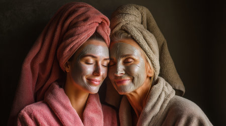 Two women enjoying self-care time together with facial masks and wrapped in towels.の素材