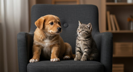 Puppy and kitten sitting on armchair, showcasing adorable pet companionship and domestic animals.の素材