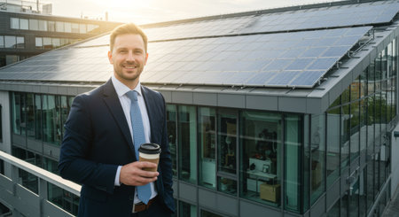 Executive smiles while standing on a modern rooftop that is covered in solar panels and windows.の素材