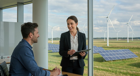 Business meeting in an office with a view of solar panels and wind turbines, discussing plans.の素材