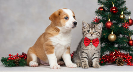 Festive friends pose in front of a Christmas tree, with a playful kitten wearing a red bow tie.の素材