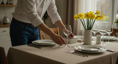 Person setting a beige tablecloth-covered table with flowers, plates, and glassware for a meal.の素材