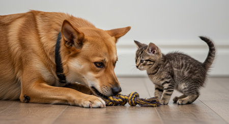 Dog chewing rope toy, looking curiously at small tabby kitten standing nearby on wooden floorの素材