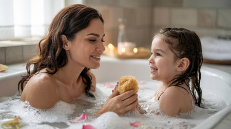 Mother and Daughter Bonding in a Bubble Bath with Rose Petals for a Relaxing Experienceの素材