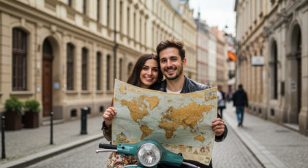 Couple explores the city streets together with a map on a turquoise motor scooter.の素材