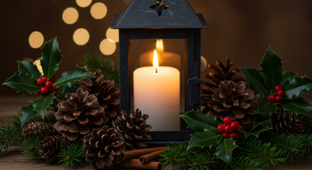 Holiday lantern with pinecones, holly, cinnamon and candle, festive and cozy atmosphere.の素材