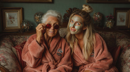 Two women in bathrobes enjoy a spa day at home, one with a face mask and the other with sunglasses.の素材