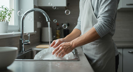 Person washing dishes in kitchen sink with bubbles floating in the air, wearing an apron.の素材