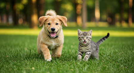 Puppy and kitten running side-by-side in green grass, looking playfully at the camera.の素材
