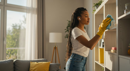Woman cleaning her apartment with a duster wearing yellow rubber gloves and white earbuds.の素材