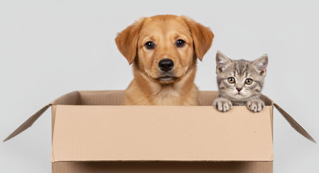 Puppy and kitten peek out of cardboard box, adorable expressions on their faces, looking at the camera.の素材