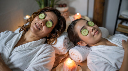 Two women relaxing with cucumber eye masks in a serene spa setting, enjoying a refreshing treatment.の素材